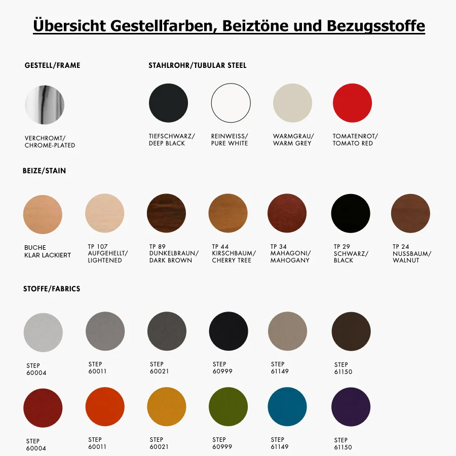 Übersicht Beiztöne, Gestellfarben u. Bezugsstoffe