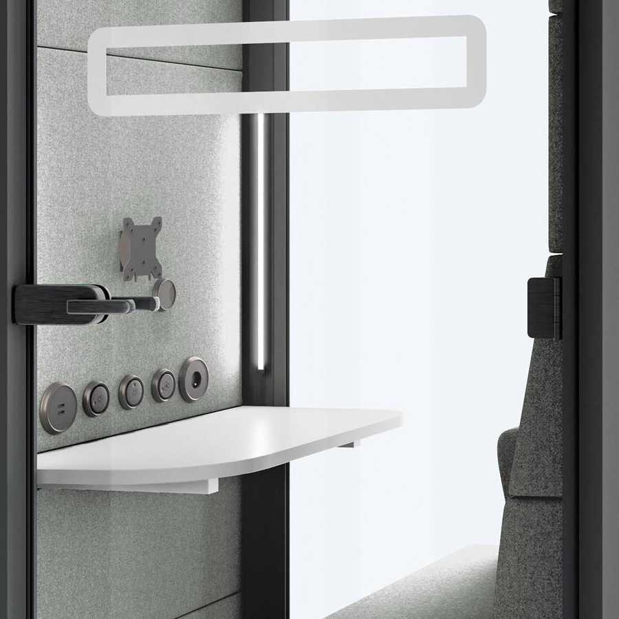 Hushoffice Telefonbox Hushhybrid in Wool Pelican mit VESA-Halterung und Gesichtsbeleuchtung