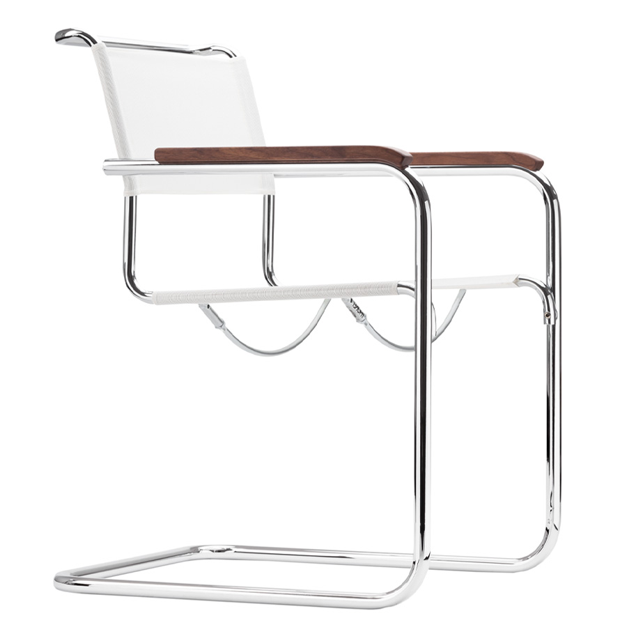 THONET Stahlrohr-Freischwinger S 34 N mit Armlehnen Sitz u. Rücken Netzbespannung weiß - Gestell chrom