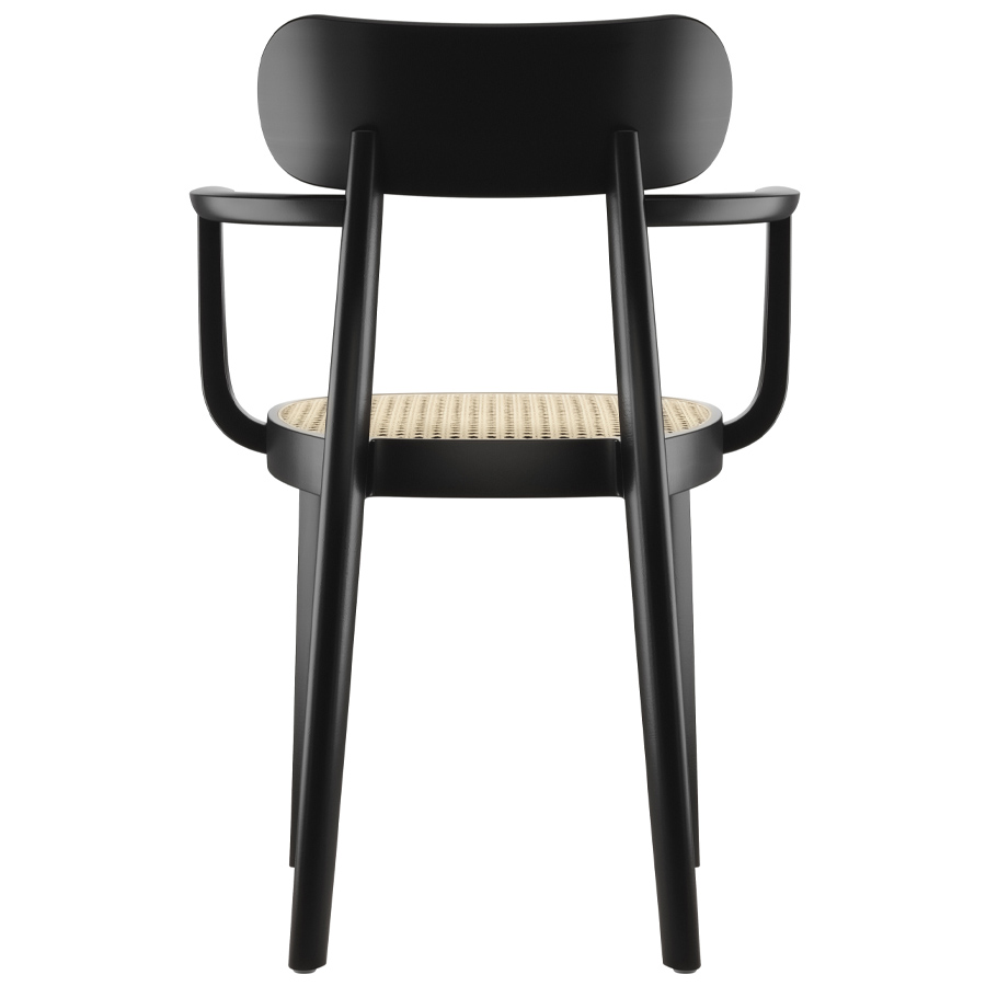 THONET 118 F Holzstuhl mit Armlehnen u. Rohrgeflecht-Sitz Buche gebeizt schwarz - Rückansicht