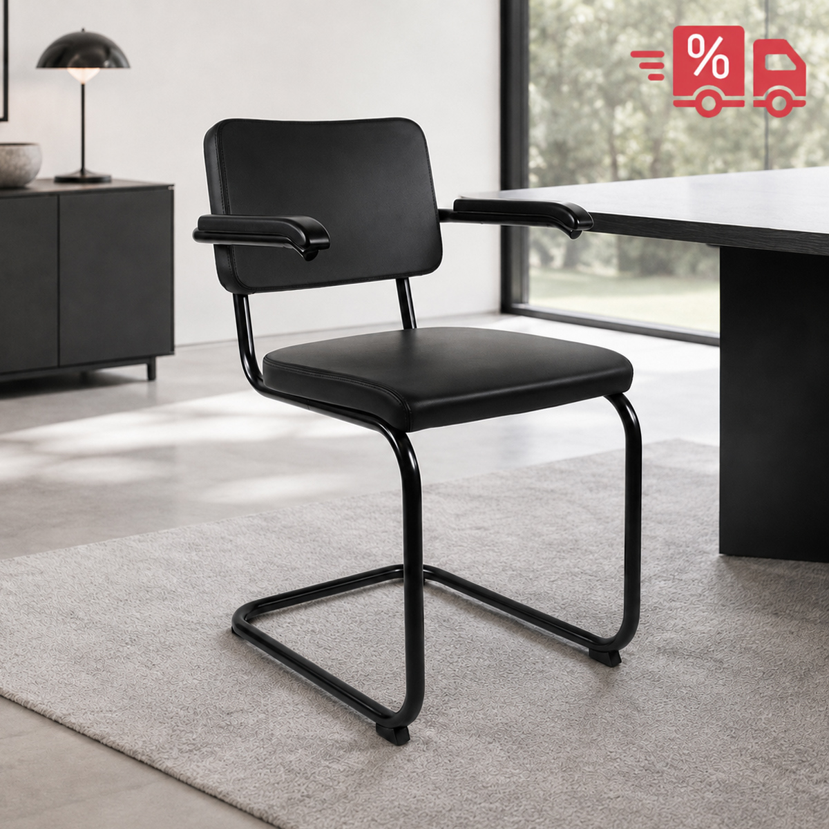 ABVERKAUF: THONET Stahlrohr-Freischwinger S 64 PV | Polstersitz Nappaleder nero schwarz