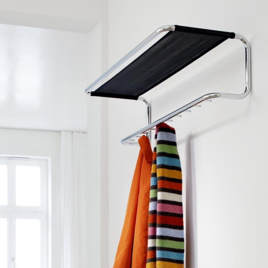 THONET Stahlrohr Garderobe Hutablage S 1520 Netzgewebe schwarz - Gestell verchromt
