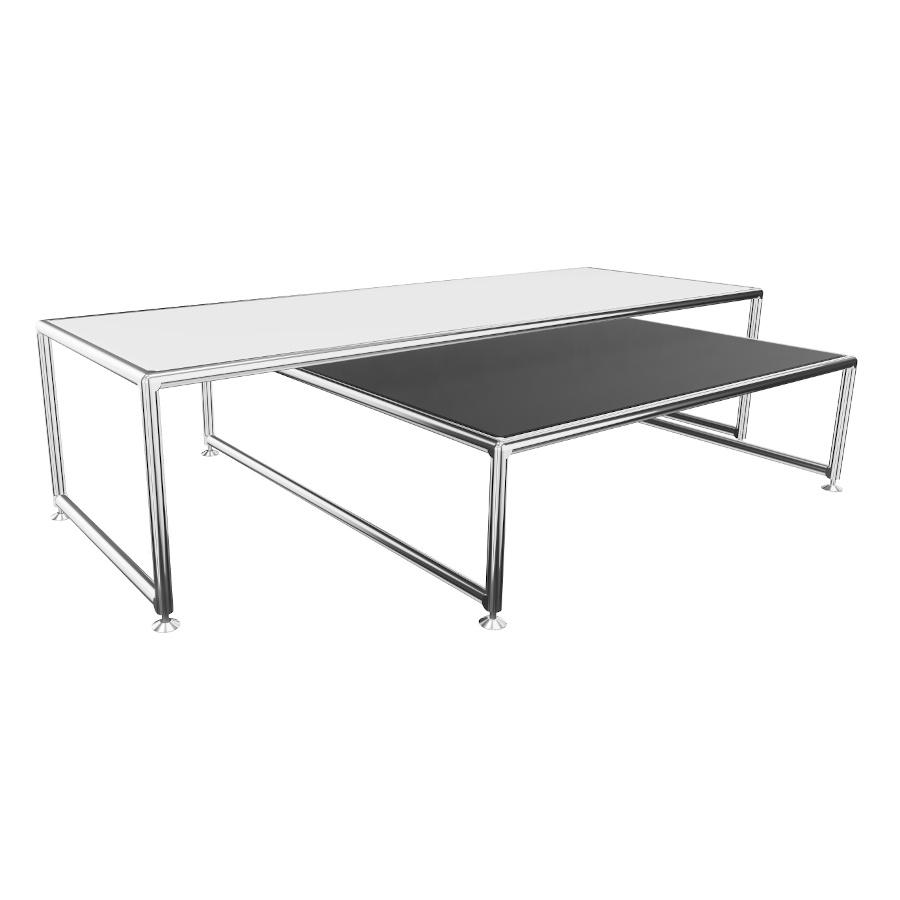 Bosse Bügel-Couchtisch Set Chrom hoch und niedrig in Melamin Weiß & Schwarz