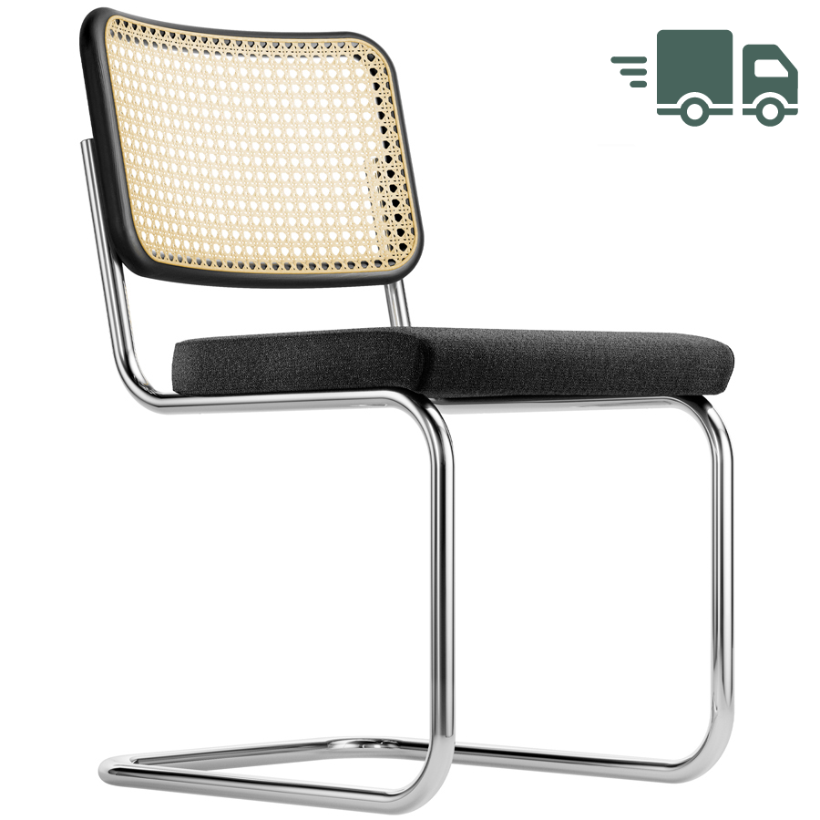 THONET Stahlrohr-Freischwinger S 32 SPV Rücken Rohrgeflecht, Sitz vollgepolstert - Gestell verchromt