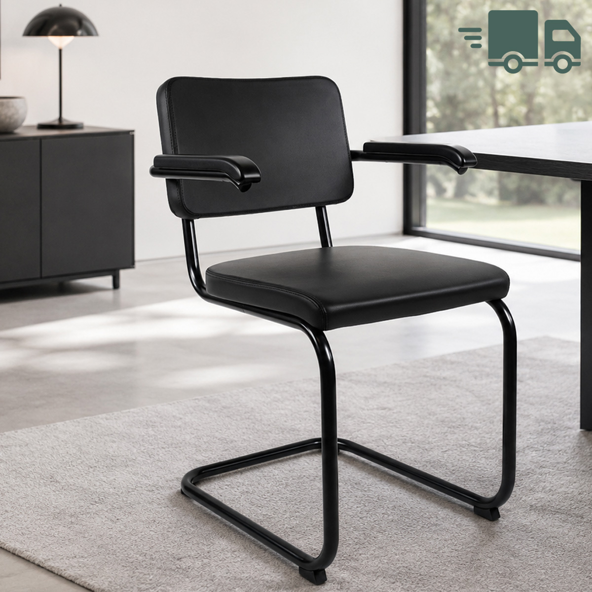 Thonet Freischwinger S 64 PV gepolstert und bezogen mit Nappaleder nero schwarz