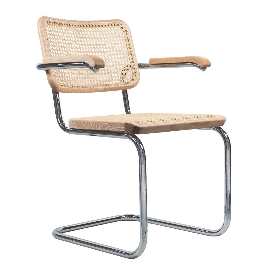 THONET S 64 V | Esche Pure Materials | Stahlrohr-Freischwinger mit Armlehnen | Gestell verchromt
