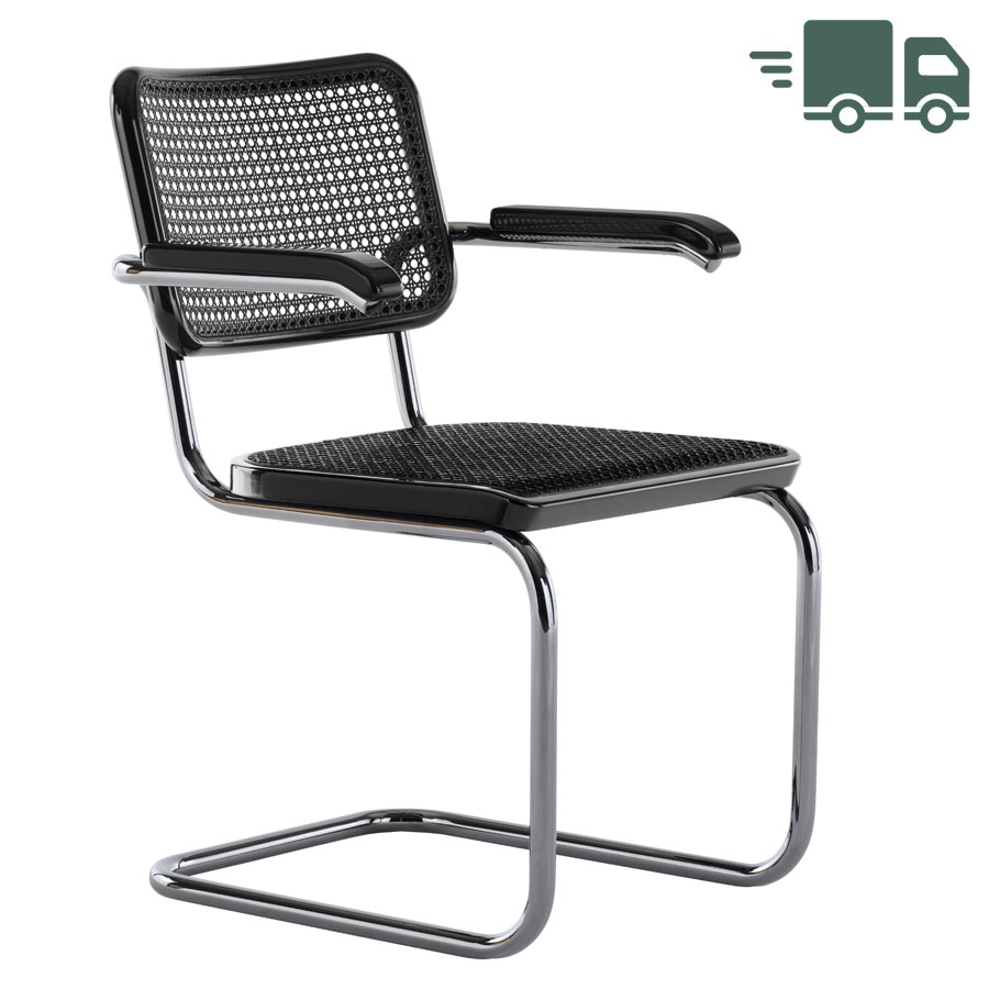 JS. THONET S 64 V SERIOUS 05 | Buche schwarz Hochglanzlack | Stahlrohr-Freischwinger mit Armlehnen