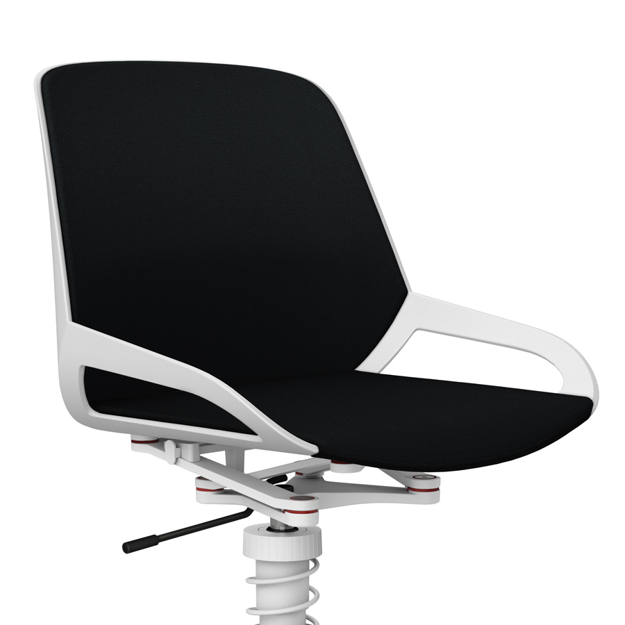 Aeris Numo Task mit Federbein weiß - Fußkreuz mit Rollen - Sitz- u. Rückenpolster Cura schwarz - Nahaufnahme