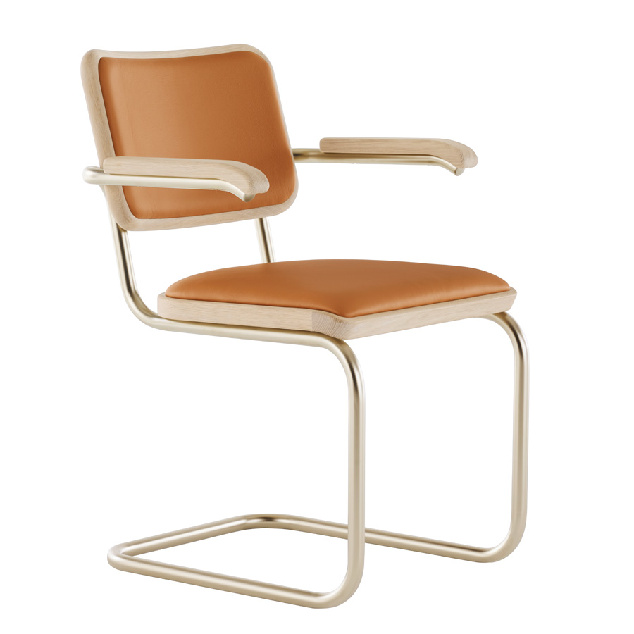 JS. THONET S 64 P NORDIC 02 | Eiche weiß pigmentiert | Leder braun | Stahlrohr-Freischwinger
