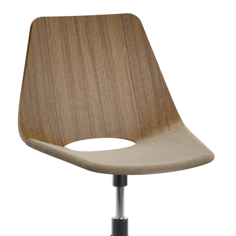 THONET S 661 DR Formholz-Stuhl - Sitzfläche gepolstert - Nussbaum - Fußkreuz schwarz mit Rollen - Nahaufnahme