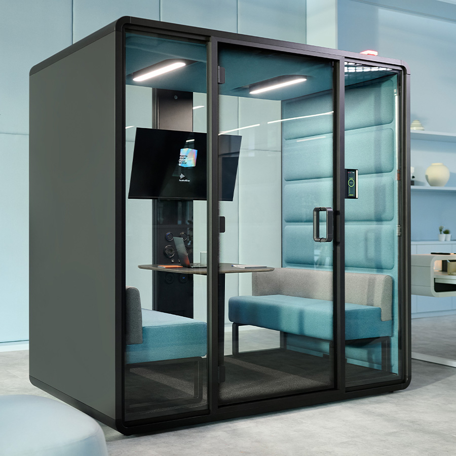 HushFree.M Cosmos Grey, Stoff Innen Hellblau, mit Sofas, Tisch und TV-Halter