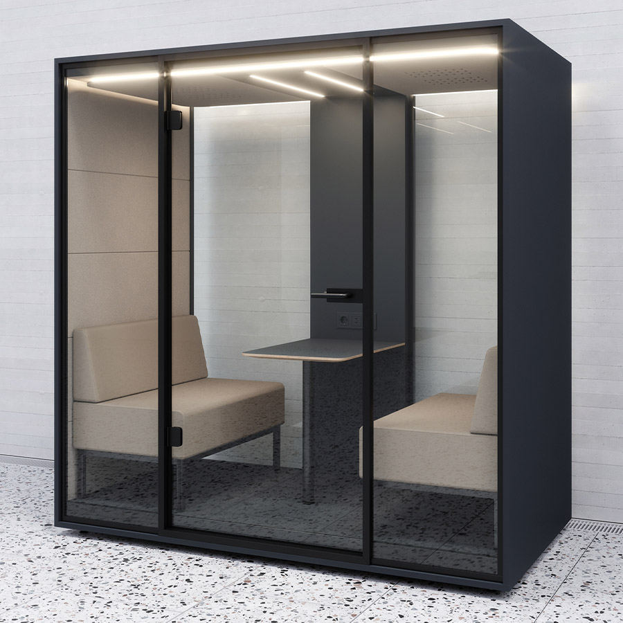 RWH Meetingbox Anthrazit, Sofa und Innenverkleidung Kaffee, Mittelkonsole anthrazit, Glasrückwand