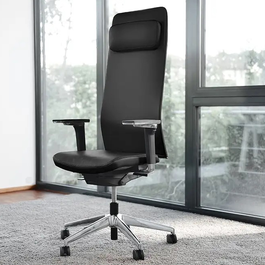 Lento agilis matrix Bürostuhl MT14 hoch mit Kopfstütze - Echtleder schwarz - Fußkreuz Alu poliert