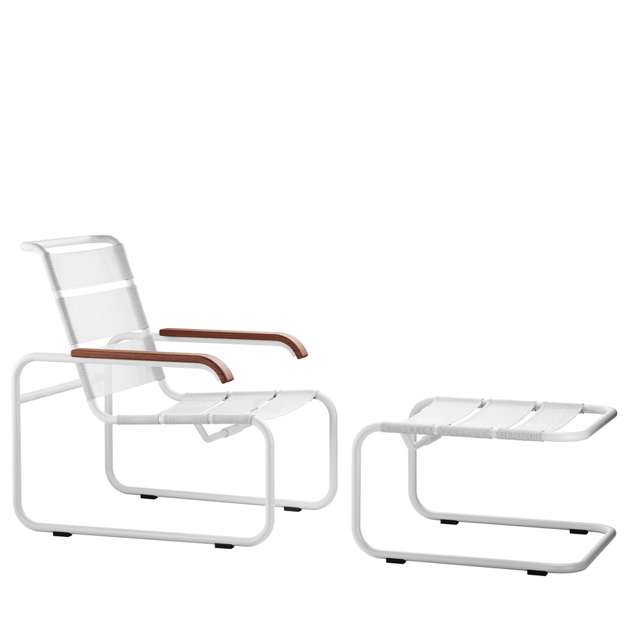 THONET Stahlrohr-Freischwinger S 35 N Outdoor mit Armlehnen und Netzbespannung & optionaler Hocker