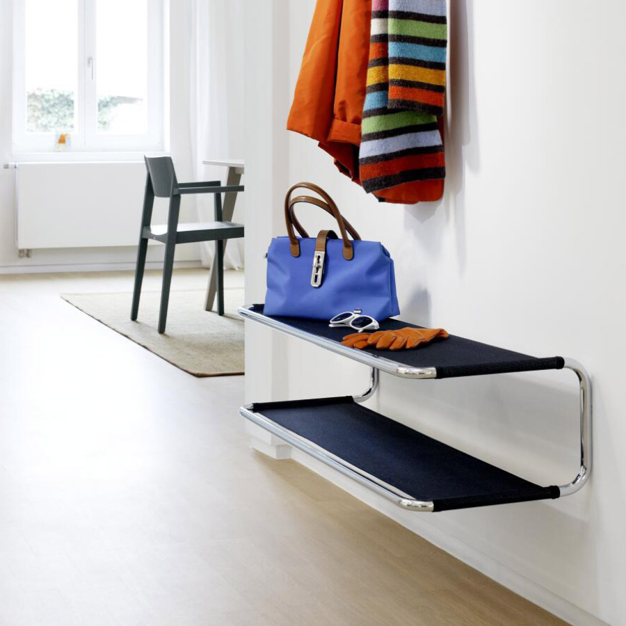 THONET Stahlrohr Garderobe Schuhablage S 1521 Netzgewebe schwarz - Gestell verchromt