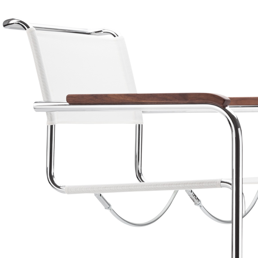 THONET Stahlrohr-Freischwinger S 34 N mit Armlehnen Sitz u. Rücken Netzbespannung weiß - Nahaufnahme