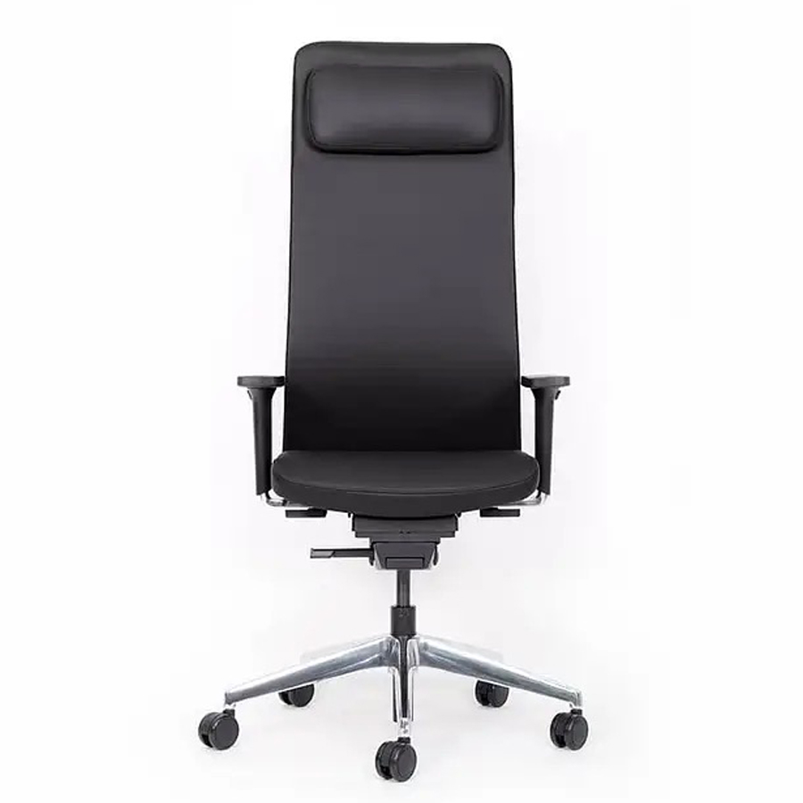 Lento agilis matrix Bürostuhl MT14 hoch mit Kopfstütze - Echtleder schwarz - Fußkreuz Alu poliert