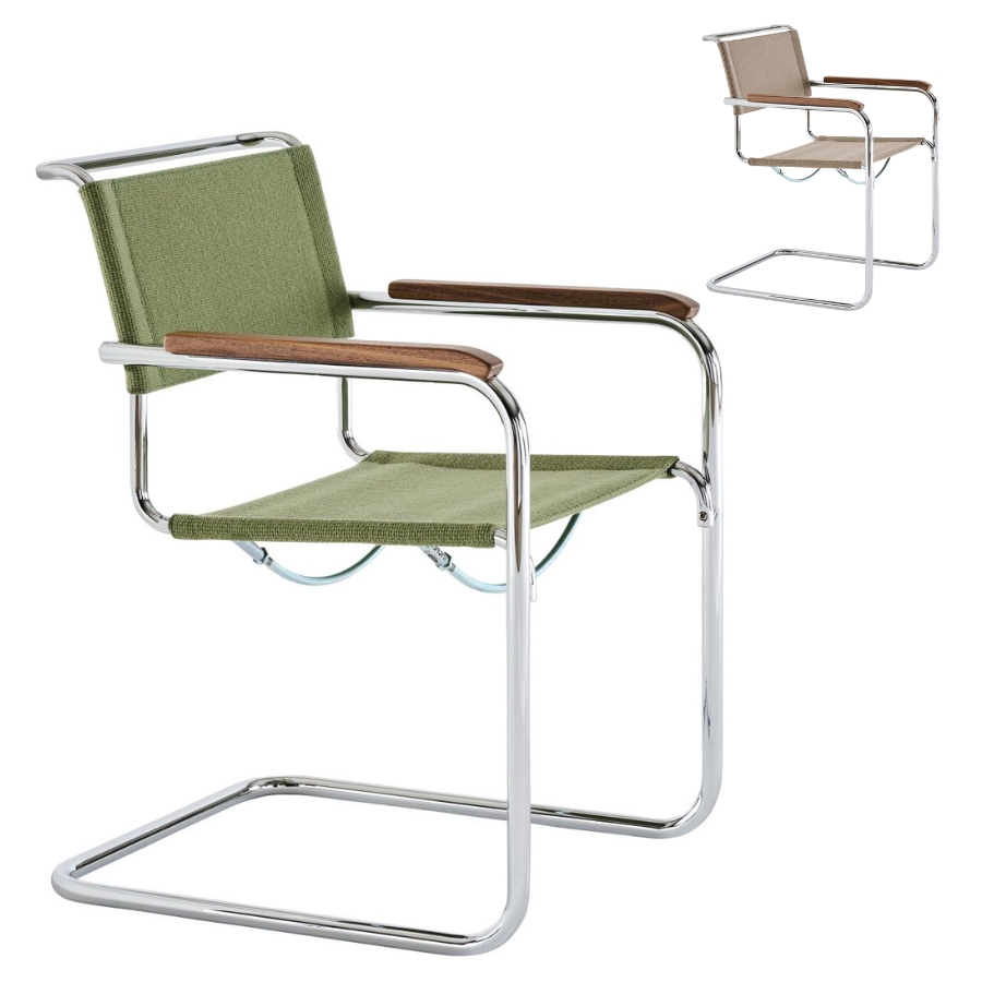 THONET Stahlrohr-Freischwinger S 34 V mit Armlehnen | Sitz u. Rücken Stoffmuster | Gestell chrom