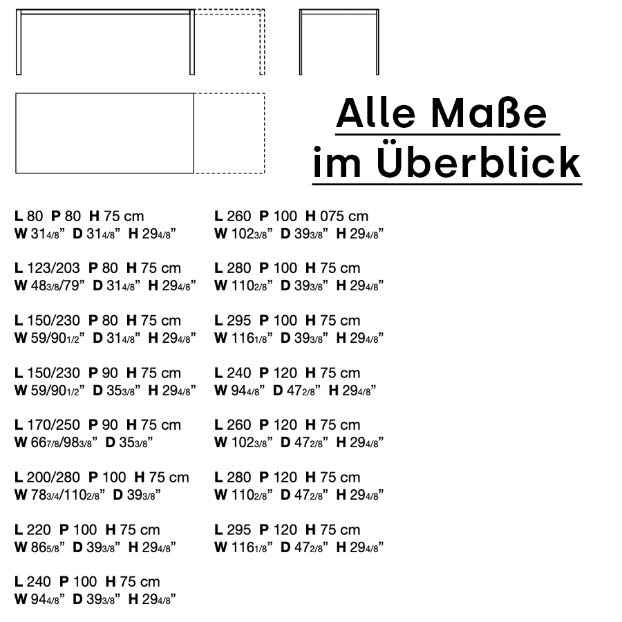 Kristalia Thin-K Esstisch - Übersicht aller Maße