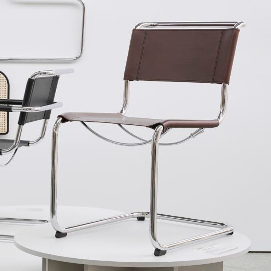 THONET Stahlrohr-Freischwinger S 33 Sitz und Rücken Kernleder schokobraun  - Gestell chrom