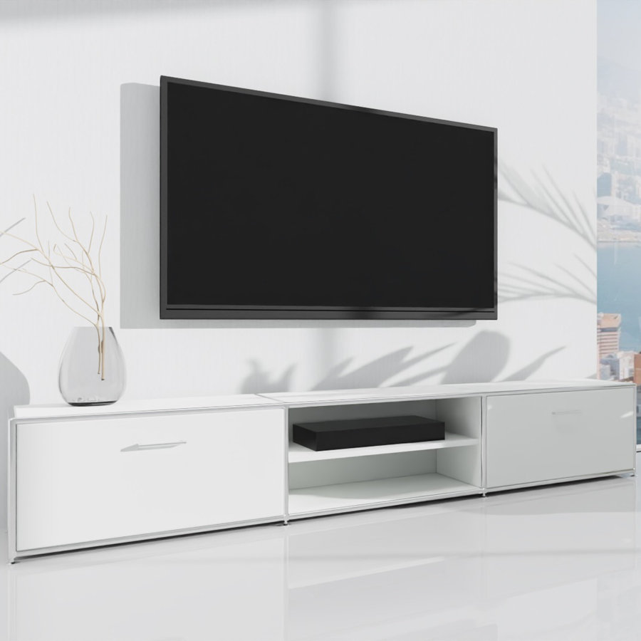 Bosse TV-Lowboard Chrom - in Melamin Weiß mit zwei Klappen und einem Fachboden (ohne Deko)
