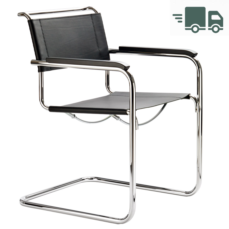 THONET Stahlrohr-Freischwinger S 34 mit Armlehnen Sitz u. Rücken Kernleder schwarz  - Gestell chrom