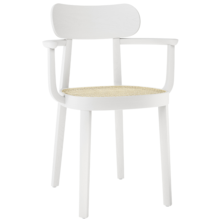 THONET 118 F Holzstuhl mit Armlehnen u. Rohrgeflecht-Sitz - Buche gebeizt weiß lasiert