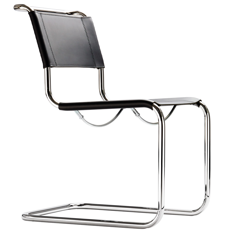THONET Stahlrohr-Freischwinger S 33 Sitz und Rücken Kernleder schwarz  - Gestell chrom