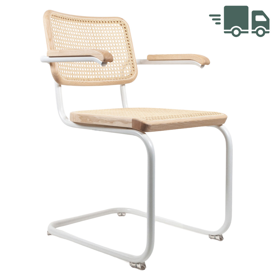 THONET Stahlrohr-Freischwinger S 64 V Esche Pure Materials mit Rohrgeflecht-Sitz - Gestell weiß