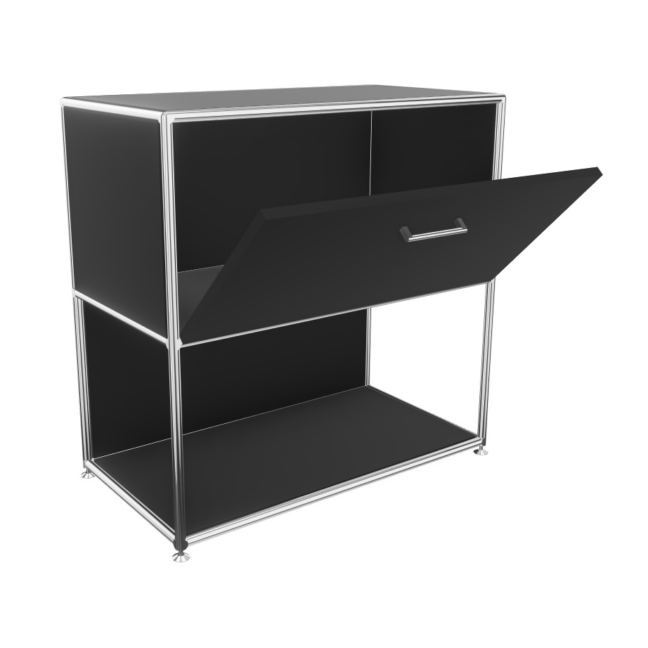 Bosse Lowboard Chrom Höhe 2 OH Breite 80 cm  in Melamin Schwarz unten offen mit Klappe offen