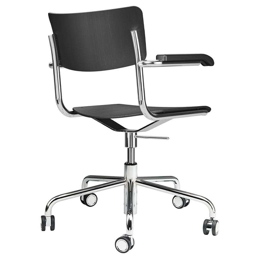 THONET Drehsessel S 43 FDR schwarz gebeizt mit Armlehnen - Gestell/Rollen - Rückansicht