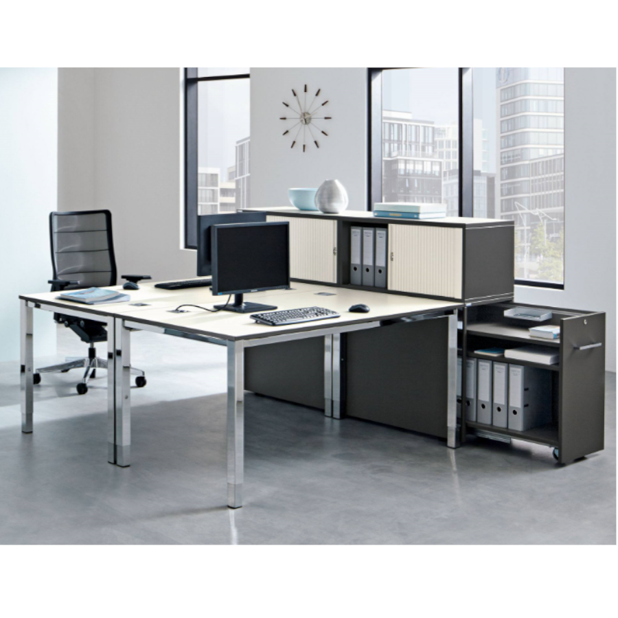 Schreibtisch SINAC von Palmberg Rohr-in-Rohr Gestell Quadratrohr chrom Doppelarbeitsplatz