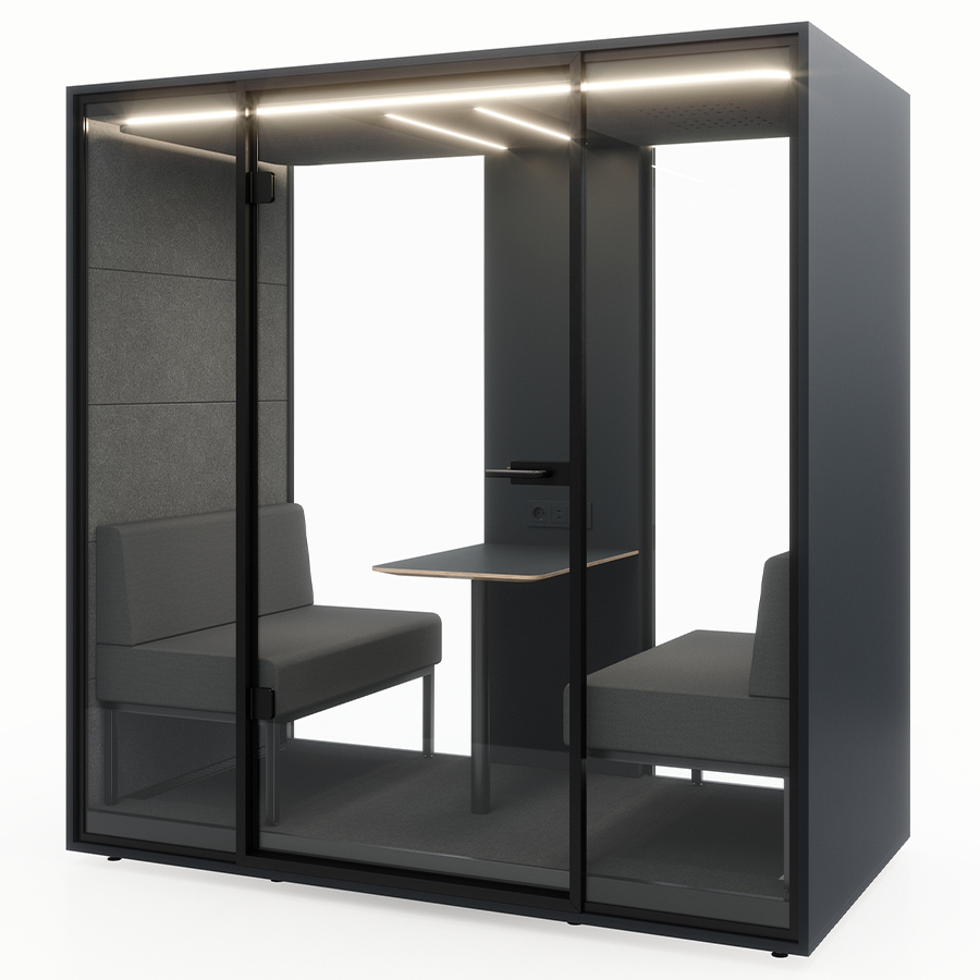 RWH Meetingbox Anthrazit, Sofa und Innenverkleidung Grau, Mittelkonsole anthrazit, Glasrückwand