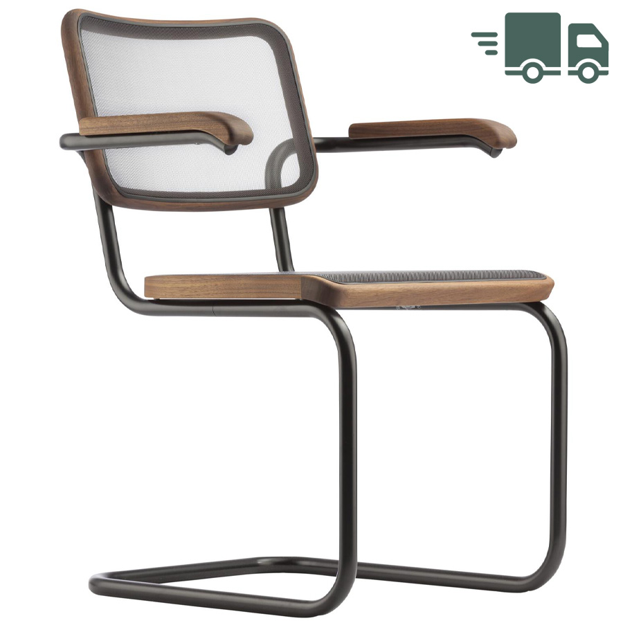 THONET Stahlrohr-Freischwinger S 64 N mit Armlehnen u. Netzbespannung schwarz - Gestell schwarz