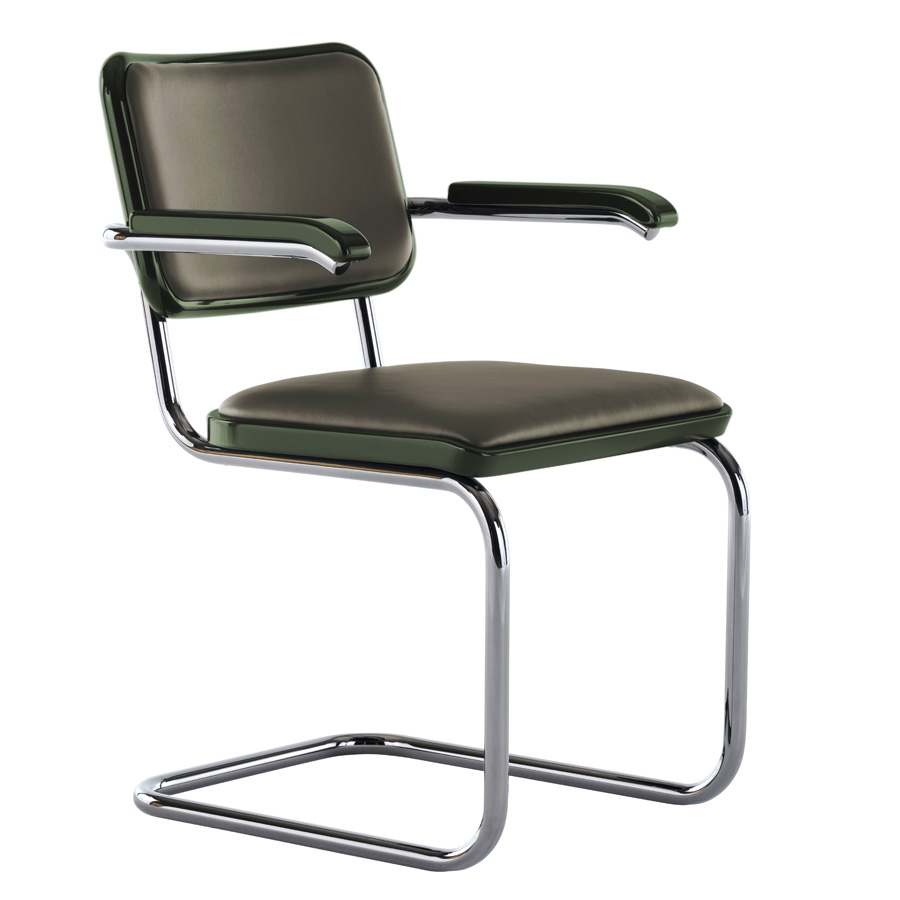 JS. THONET S 64 P SERIOUS 03 | Buche grün Hochglanzlack | Stahlrohr-Freischwinger mit Armlehnen