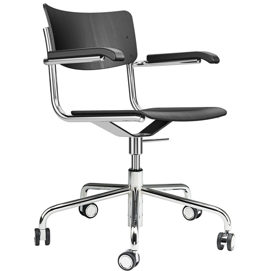 THONET Drehsessel S 43 FDR schwarz gebeizt mit Armlehnen - Gestell/Rollen verchromt
