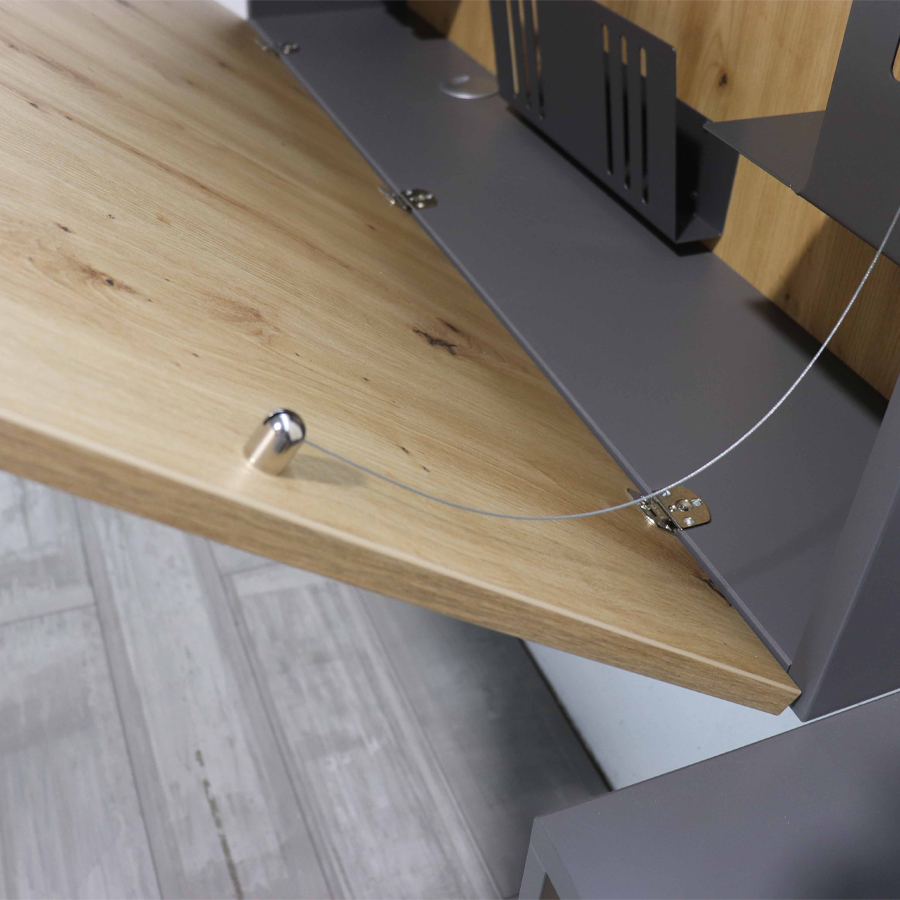 Wandschreibtisch Asteiche-grau - geöffnet - Halterung Tischplatte