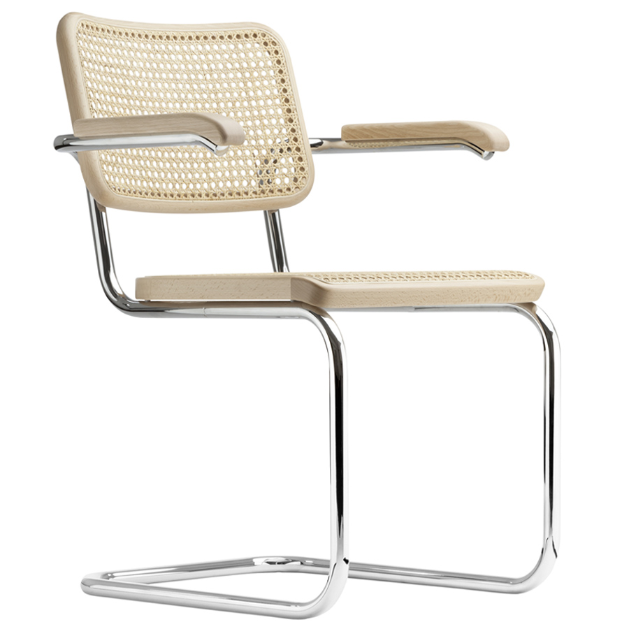 THONET Stahlrohr-Freischwinger S 64 V Buche natur mit Rohrgeflecht-Sitz u. Armlehnen