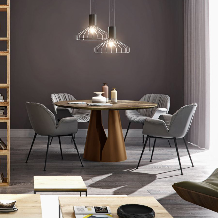 Trebord Mono Tisch rund, Tischplatte Nuss, Gestell perlgold