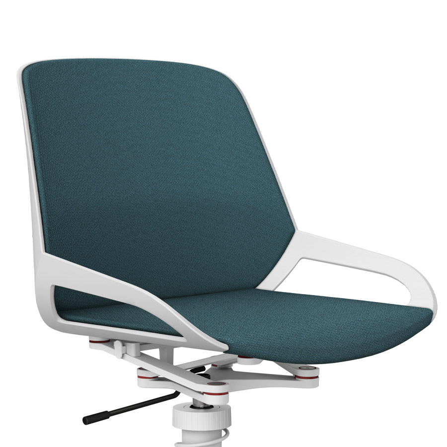 Aeris Numo Task mit Federbein weiß - Fußkreuz mit Rollen - Sitz- u. Rückenpolster Cura blau - Nahaufnahme