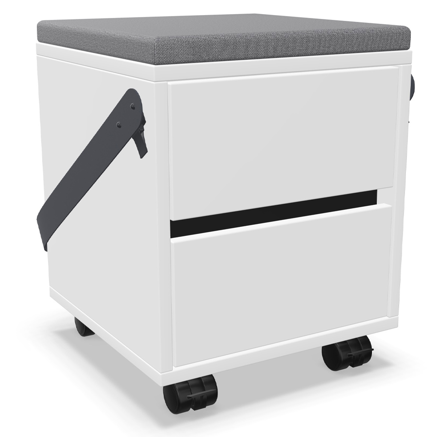 Palmberg Rollcontainer/Sitzhocker FIFFI weiß mit Gurt u. Sitzkissen grau