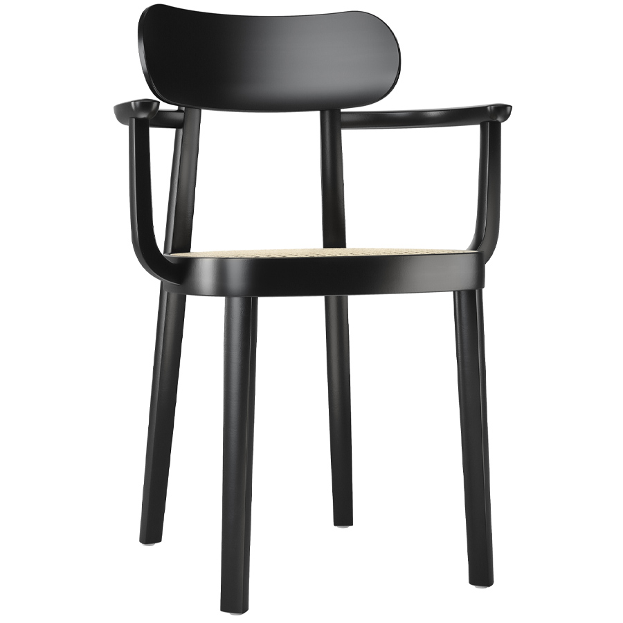 THONET 118 F Holzstuhl mit Armlehnen u. Rohrgeflecht-Sitz Buche gebeizt schwarz