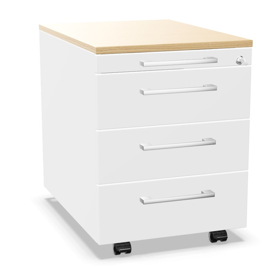 Palmberg Rollcontainer ORGA PLUS 3+3+3+1 mit Griffen weiß mit eichefarbenem Deckel