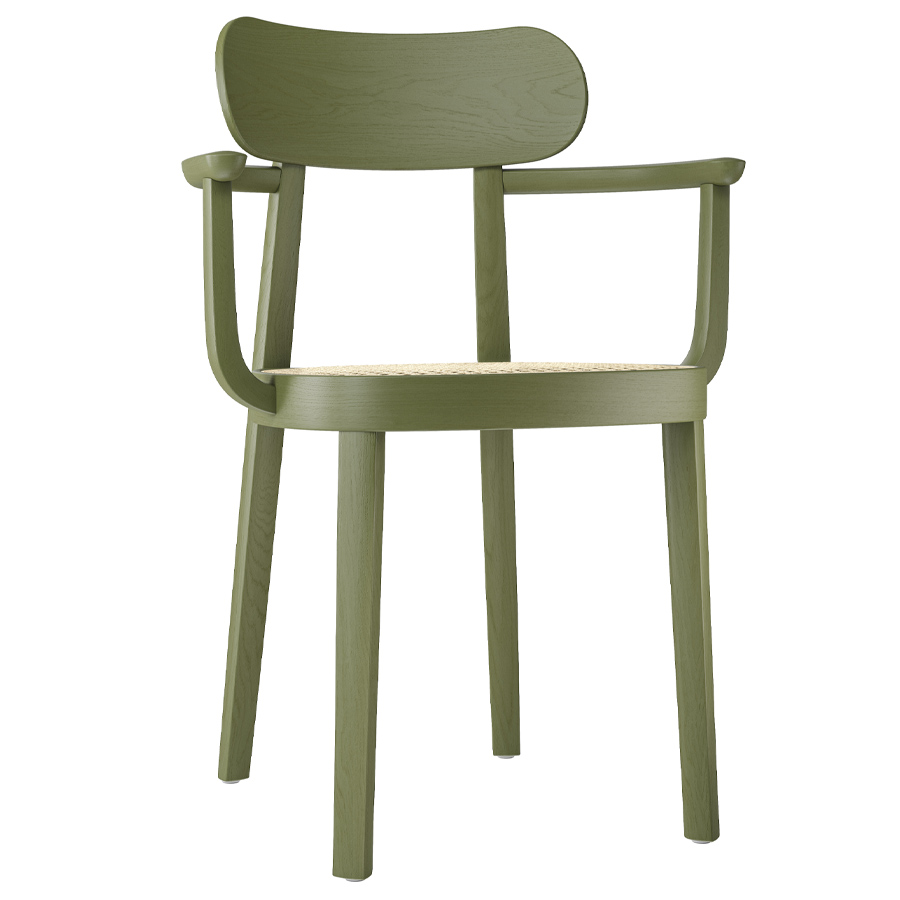 THONET 118 F Holzstuhl mit Armlehnen u. Rohrgeflecht-Sitz Buche gebeizt olivgrün