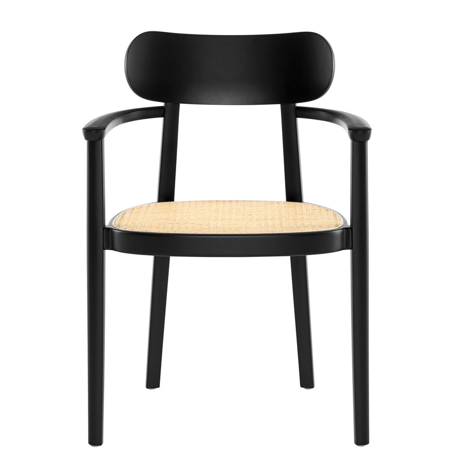 THONET 118 FV Holzstuhl mit Armlehnen | Rohrgeflecht-Sitz | Buche gebeizt schwarz | Frontansicht