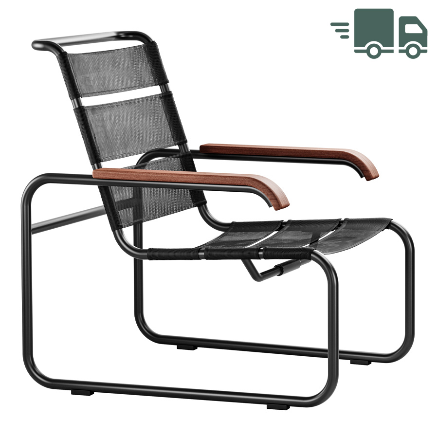 THONET Stahlrohr-Freischwinger S 35 N Outdoor mit Armlehnen und Netzbespannung - Gestell schwarz