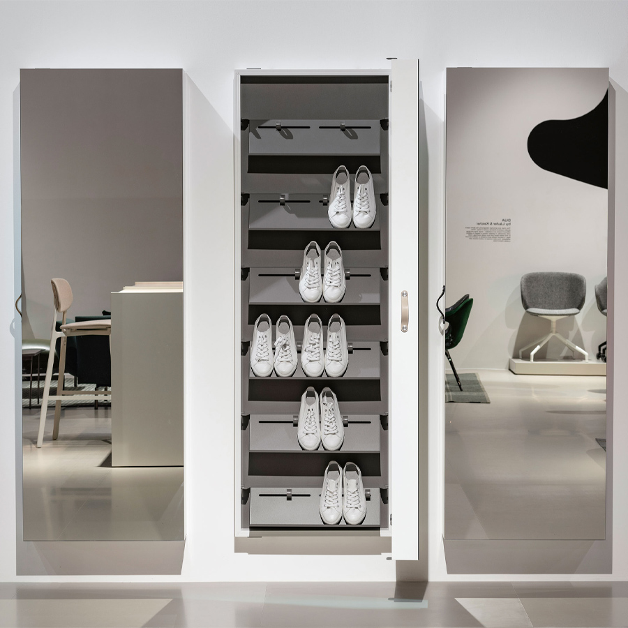 Kristalia BOXOne Spiegelmöbel mit Ledergriff - Ausführung Alu weiß lackiert - Schuhregal