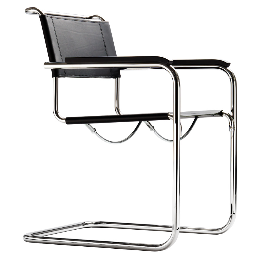 THONET Stahlrohr-Freischwinger S 34 mit Armlehnen Sitz u. Rücken Kernleder schwarz - Seitenansicht