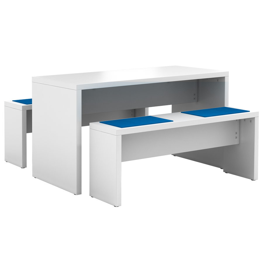 Wangentisch COSY 130 x 68 cm mit 2 Sitzbänken in Weiß - Sitzauflagen blau