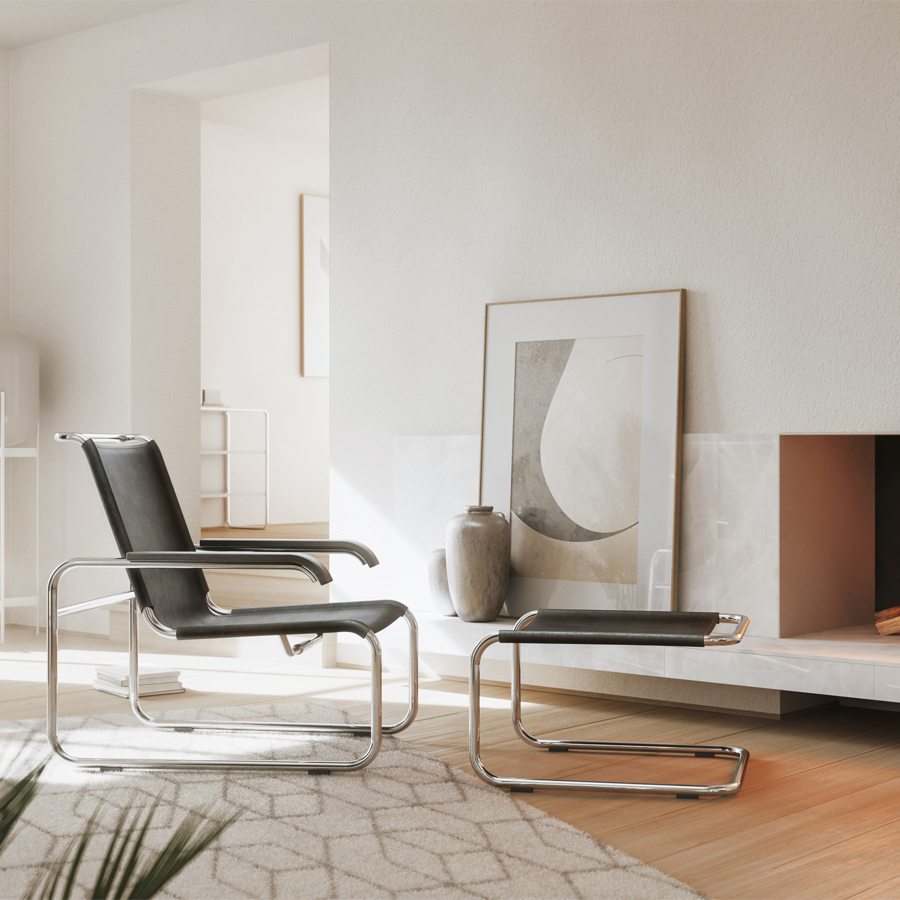 THONET Stahlrohr Loungesessel S 35 mit Armlehnen Leder schwarz - Beispielbild